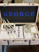 Load image into Gallery viewer, Baptism Package Gold and Navy Blue Accents, Triantos Gold Cross and Personalized Velvet Trunk Bench