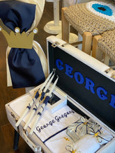 Load image into Gallery viewer, Baptism Package Gold and Navy Blue Accents, Triantos Gold Cross and Personalized Velvet Trunk Bench