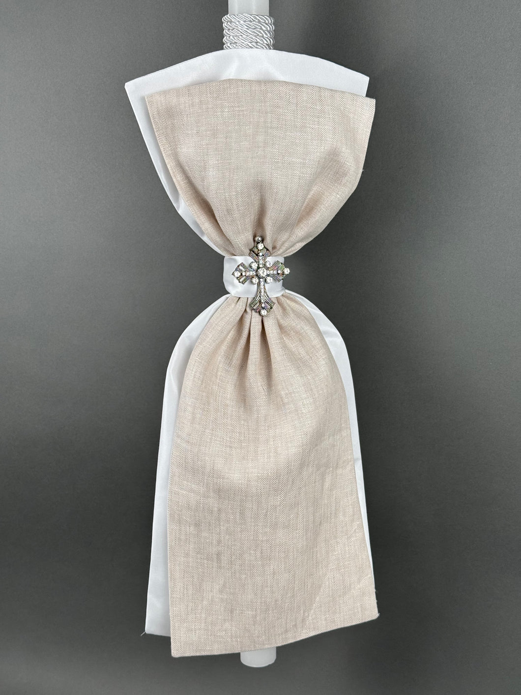 White with Tan Fabrics with Rhinestone Cross Baptism Candle BL20255