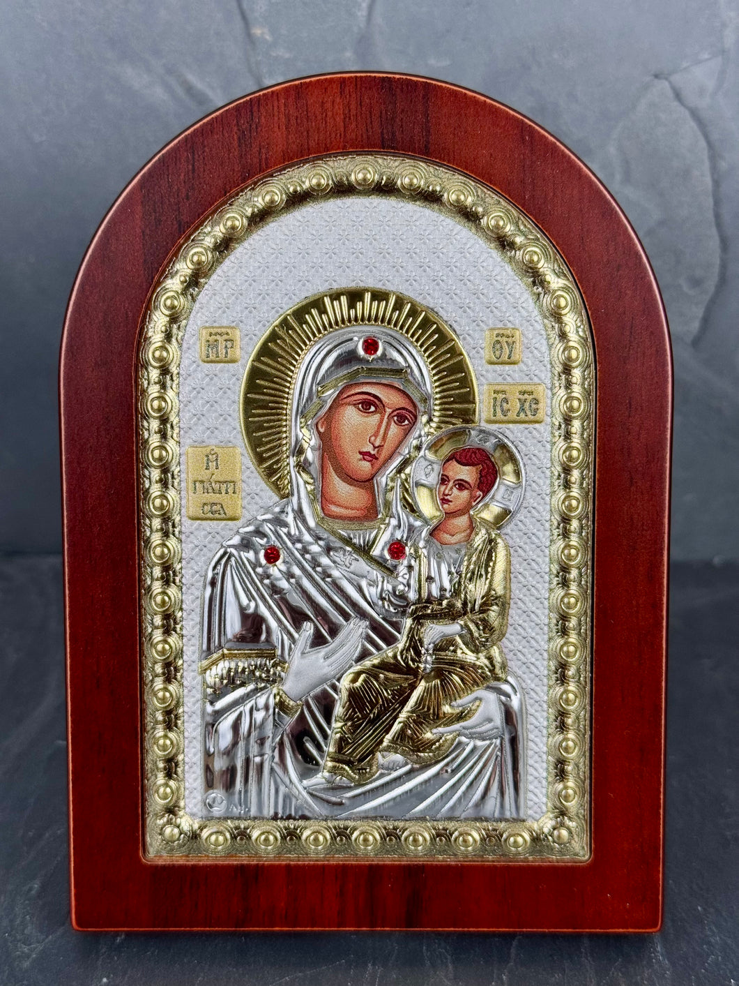 An original copy of Byzantine Panagia Giatrissa  with Swarovski Elements   made with 925* Silver on Dark Wood S272