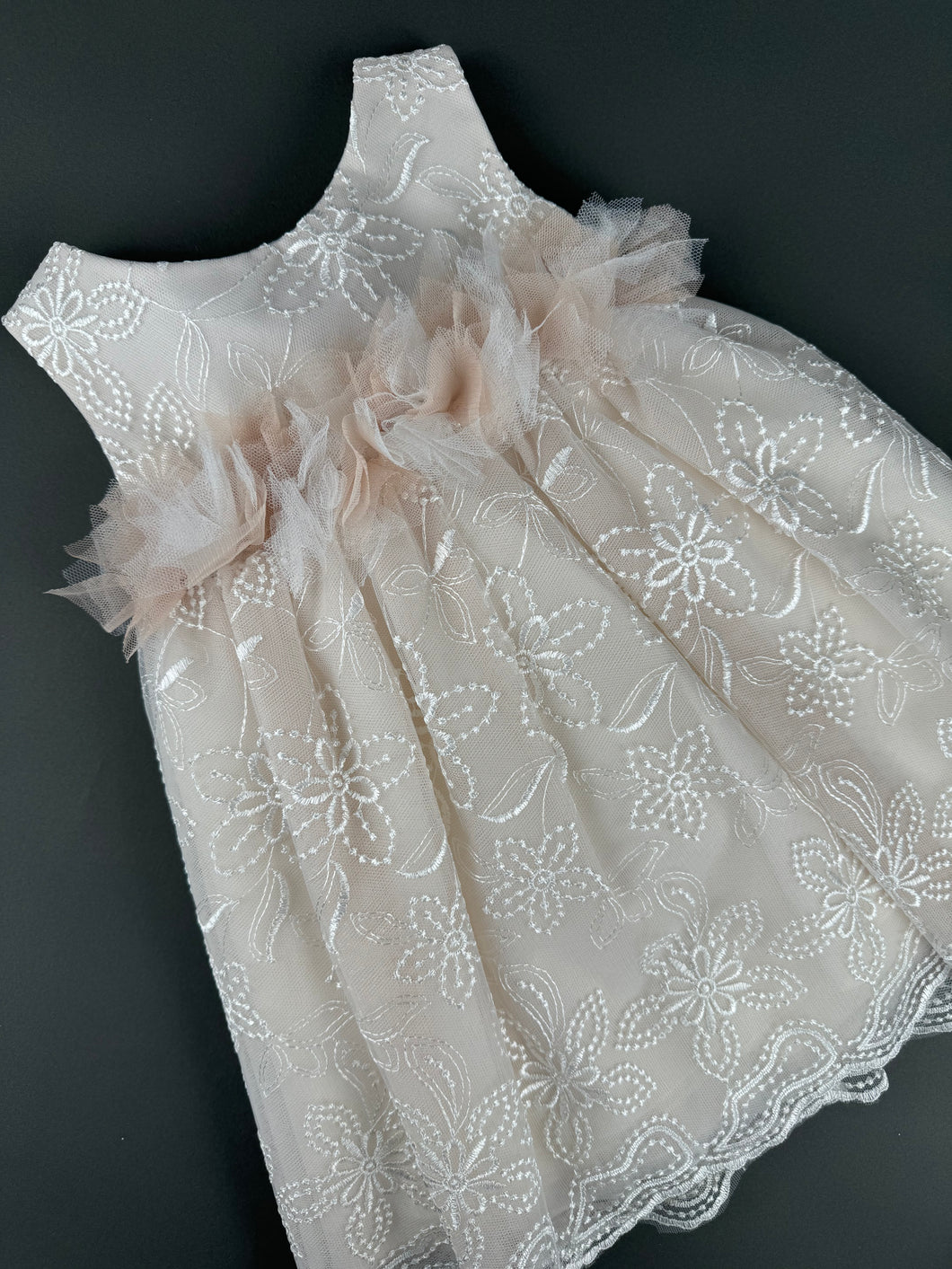 Dress 100 Girls Baptismal Christening Sleeveless Dress with French lace, accented with Flower, matching Bolero and Hat. Made in Greece exclusively for Rosies Collections. 2025100