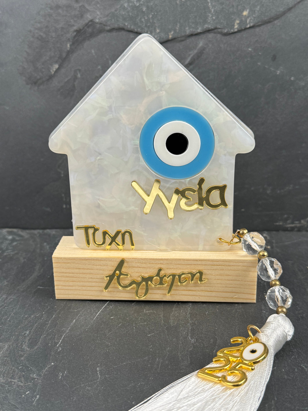 Table Top House Gouri Love Health Luck Gouri on Plexiglass with wooden Stand, Beads and Tassel G3040