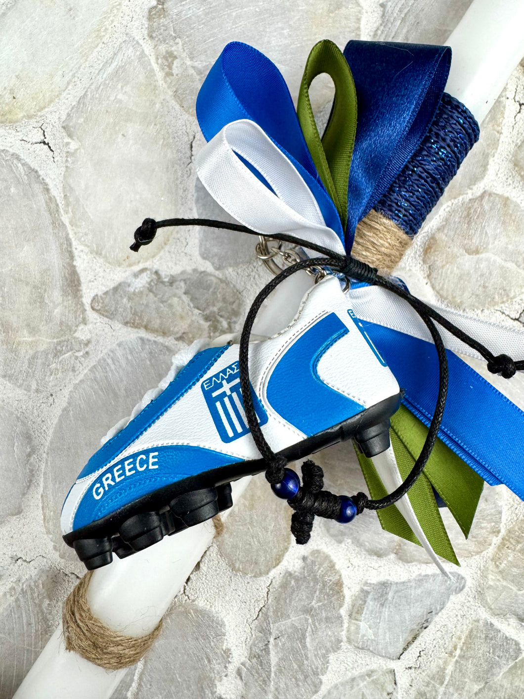 Corded Easter Candle with Greece Soccer Shoe Keychain and Cross Bracelet EC202537