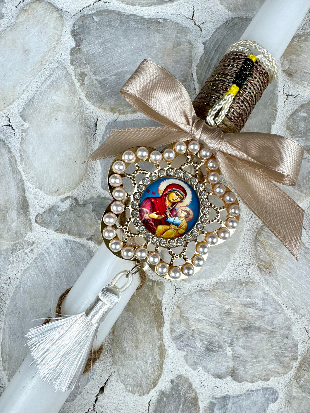 Corded Easter Candle with Colourful Hanging Panagia Icon Trimmed in Pearls and Tassel EC20255