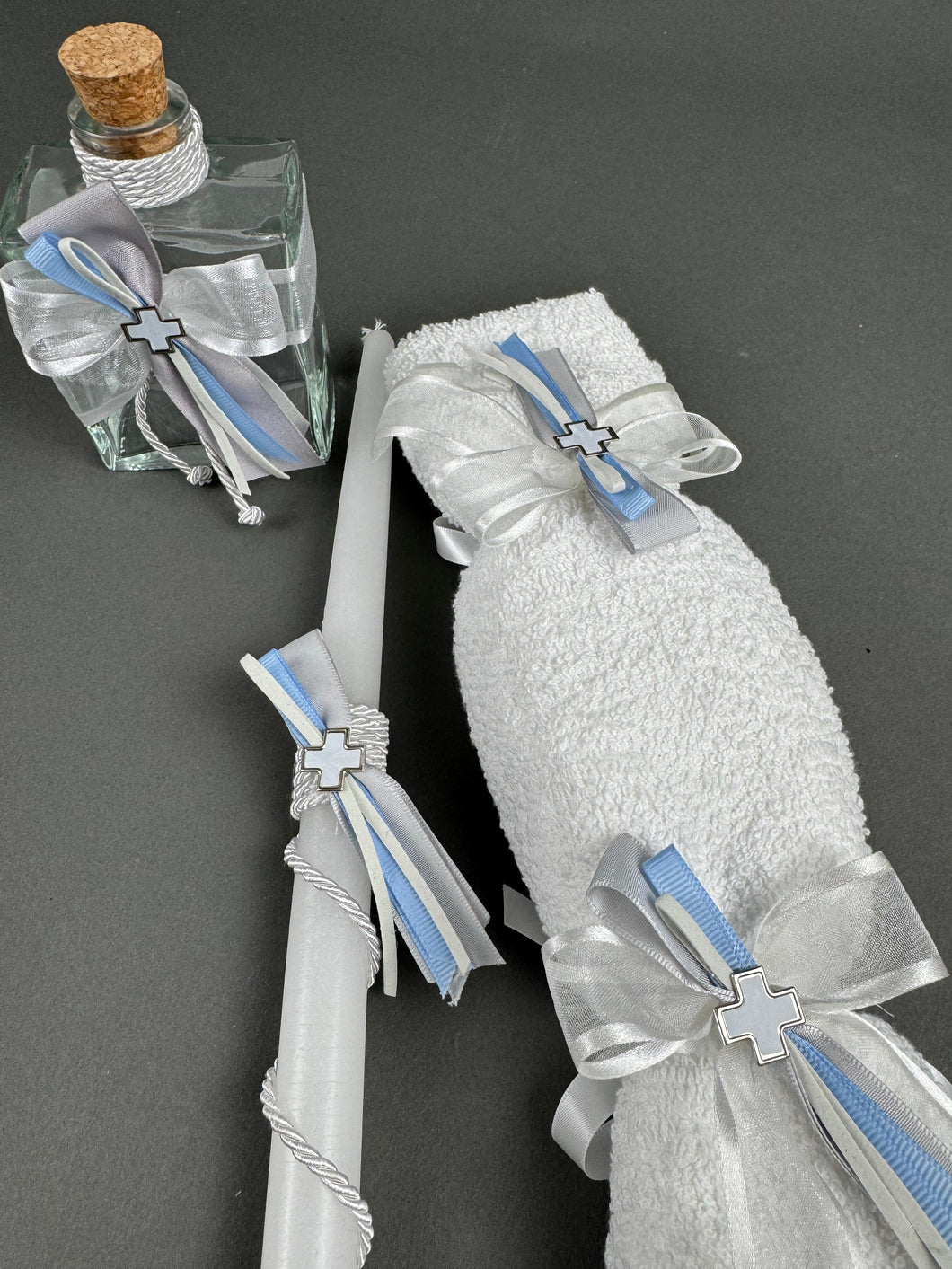 Light Blue with Grey Oil Bottle Set of 3 Candles, Hand Towel with Soap and Oil Bottle OB2065