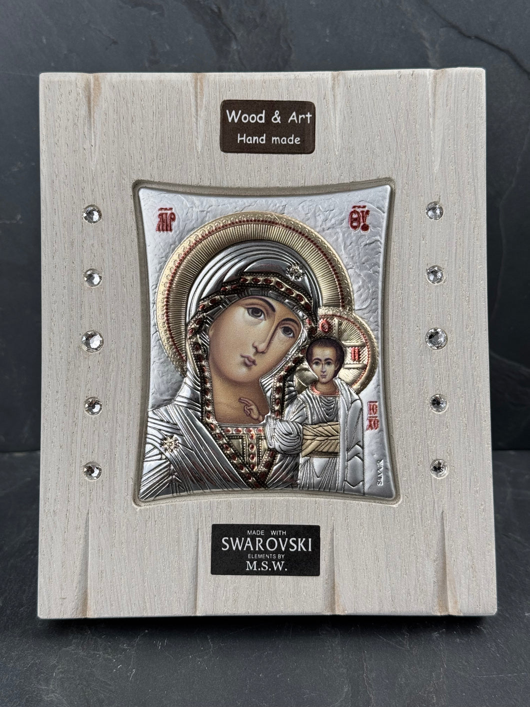 An original copy of Byzantine Panagia with Swarovski Elements made with 925* Silver on white wash Wood S294