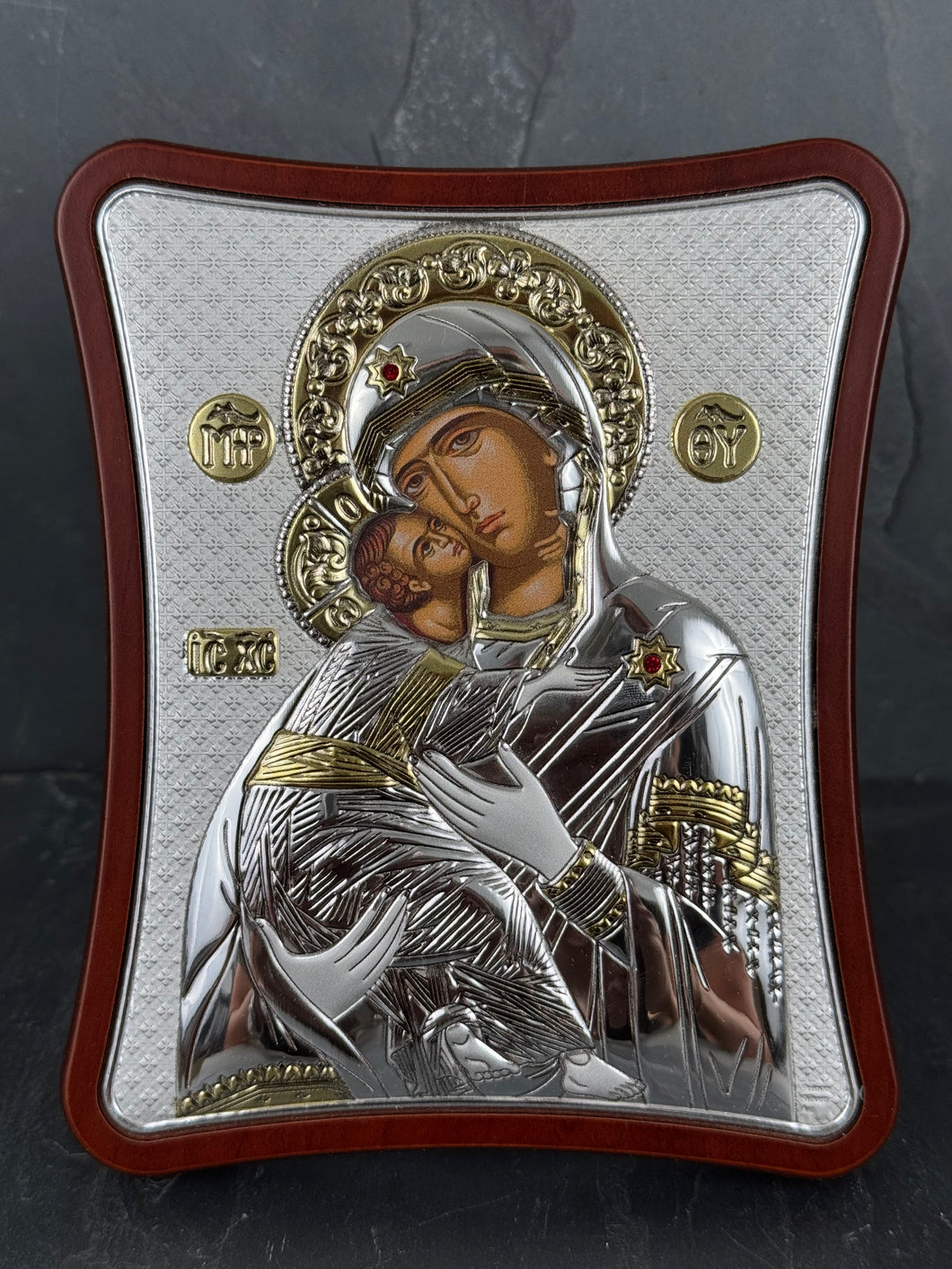 An original copy of Byzantine Panagia Vladimir with Swarovski Elements  made with 925* Silver on Dark Wood S279