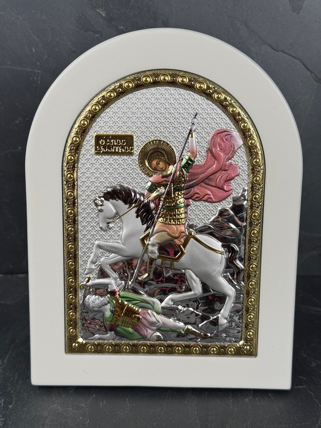 An original copy of Byzantine Agios Dimitrios made with 925* Silver on White Wood S256