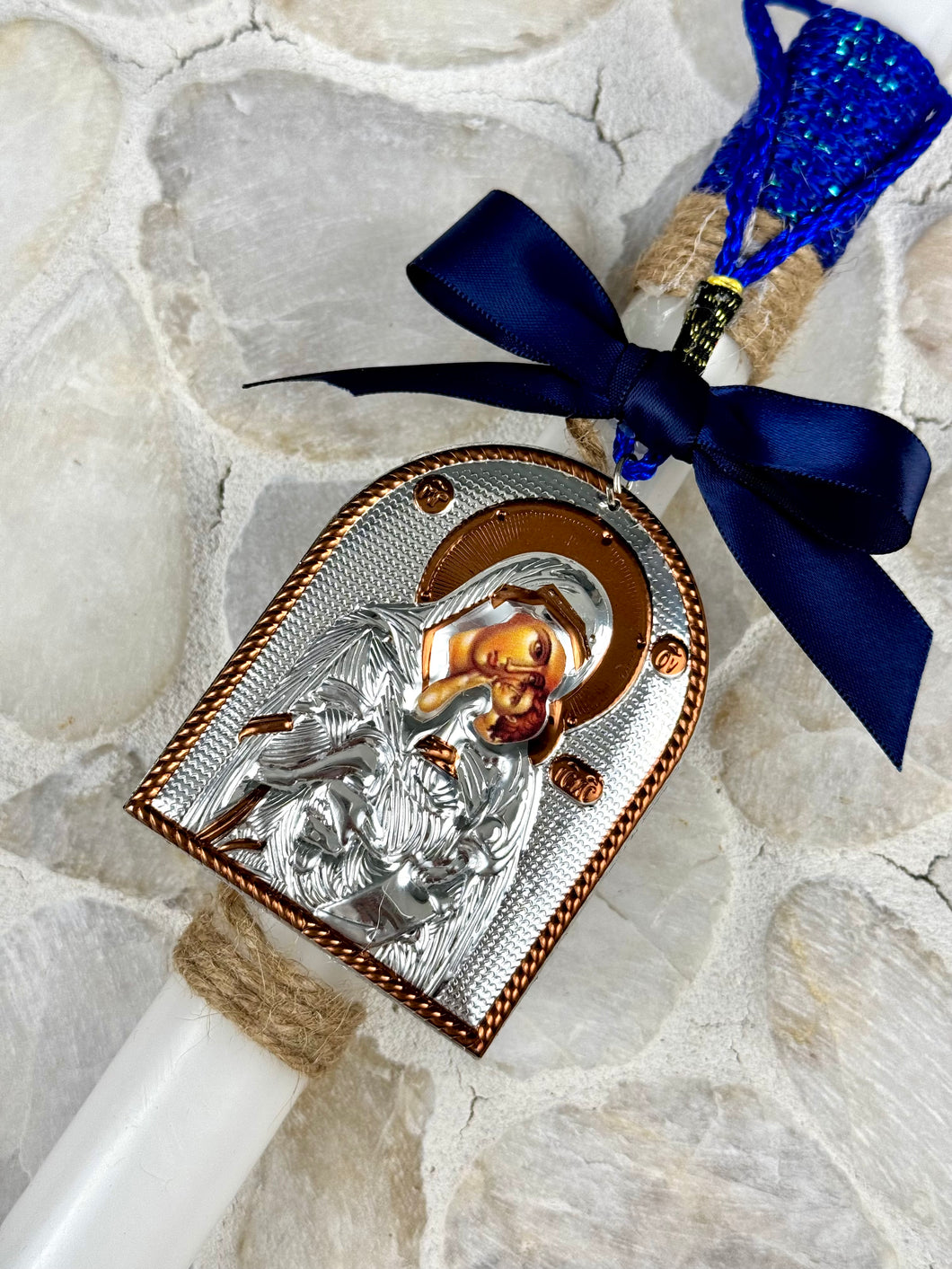 Corded Easter Candle with Hanging Panagia Icon  EC202517