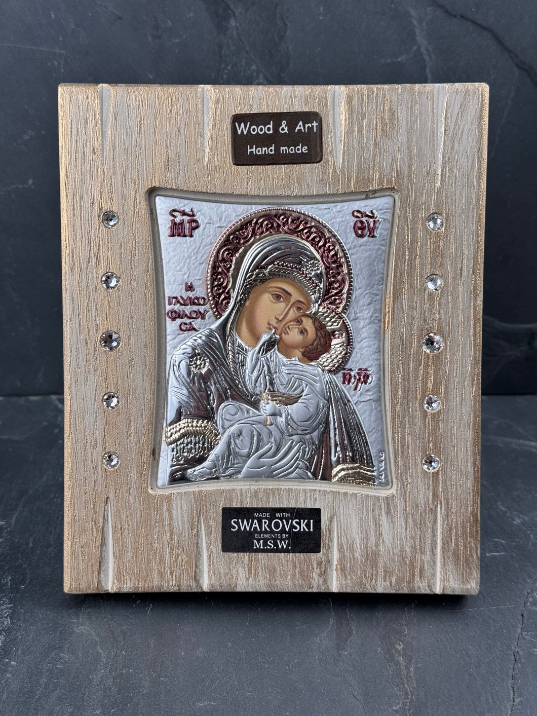 An original copy of Byzantine Panagia  Glykofilousa with Swarovski Elements made with 925* Silver on Gold wash Wood S298