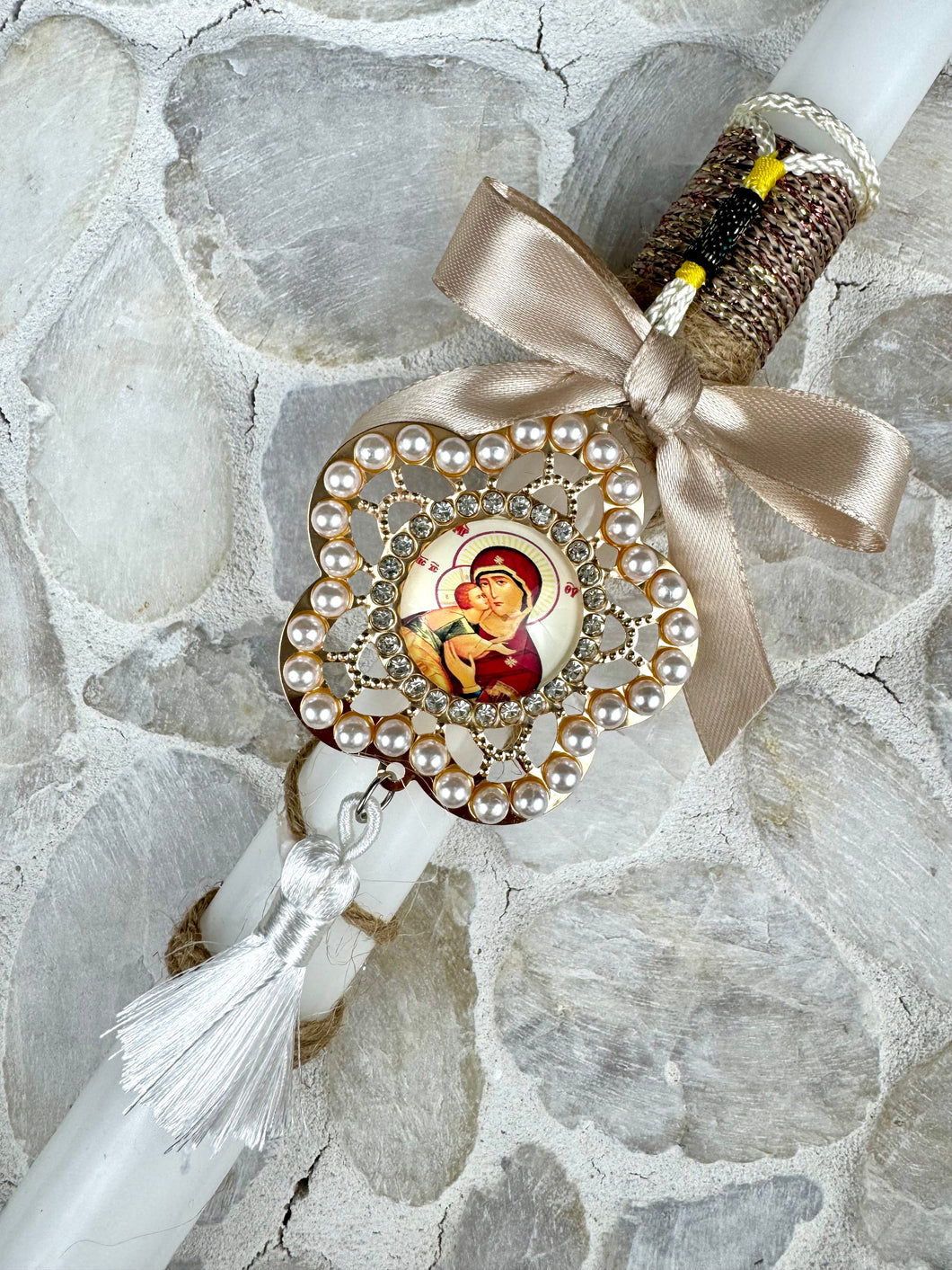 Corded Easter Candle with Hanging Panagia Icon Trimmed in Pearls and Tassel EC20254