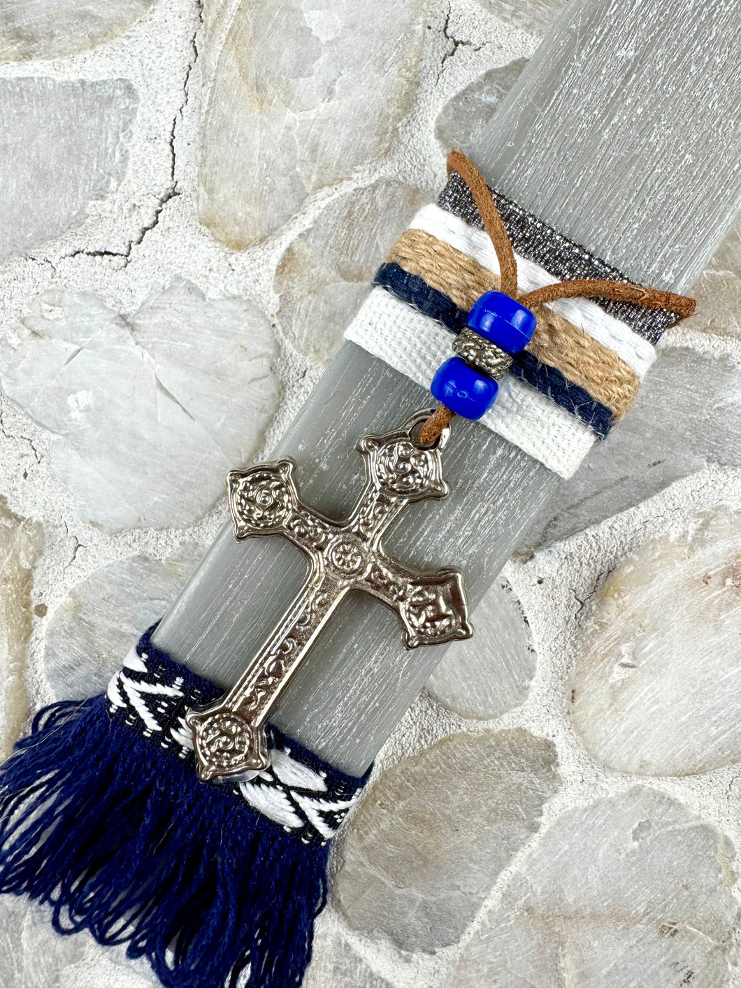 Corded Greek Easter Candle with Large Hanging Cross  EC202565