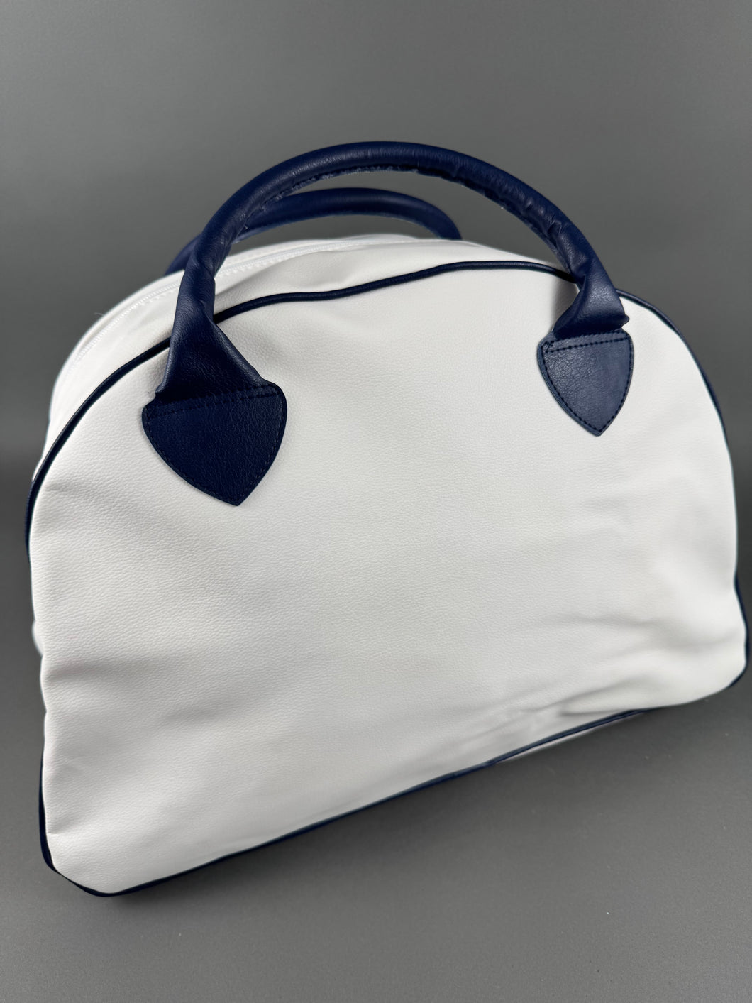 White Duffle Bag with Navy Blue Trim Handles DB20254