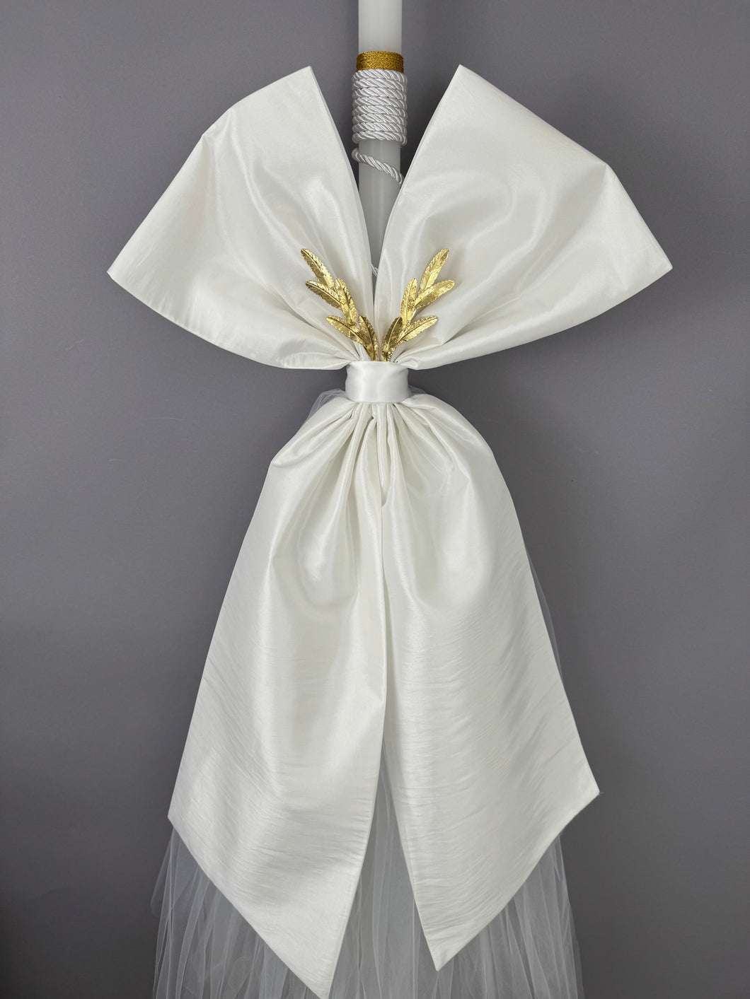 2 Decorated 4 Foot Wedding Candles with Gold Metal Olive Leaf, Cord and Tule W70153