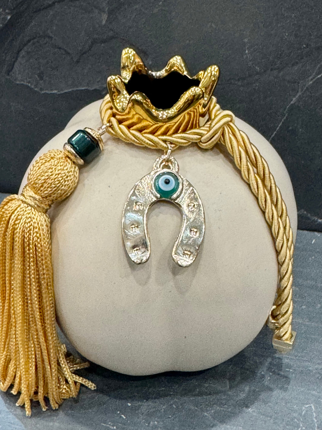 Table Top Ceramic Pomegranate Soft Ivory with Gold Accents P2604