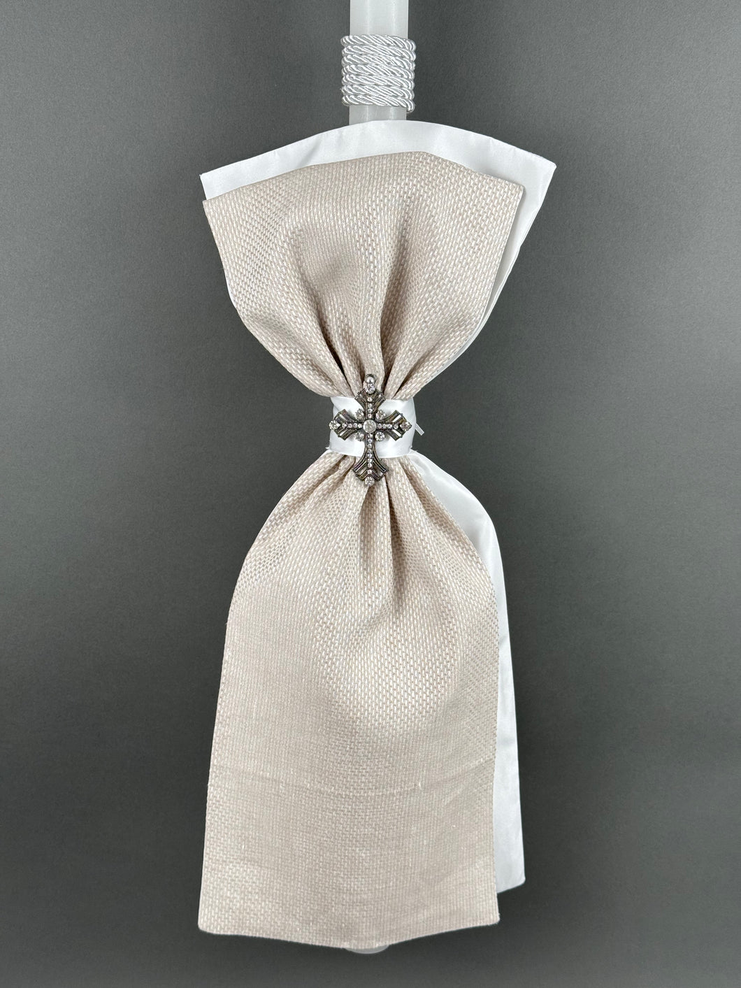 White with Tan Fabrics with Rhinestone Cross Baptism Candle BL20256