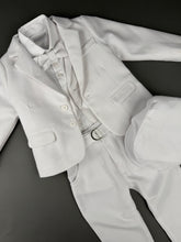 Load image into Gallery viewer, Rosies Collections 7pc All White suit Pants, Vest, Dress Shirt, Bow Tie, Belt, Blazer and Hat, made in Greece exclusively for Rosies Collections S202555
