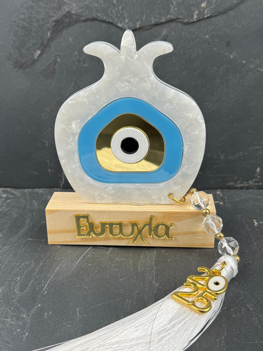 Table Top Pomegranate Gouri on Plexiglass with wooden Stand, Beads and Tassel G3041