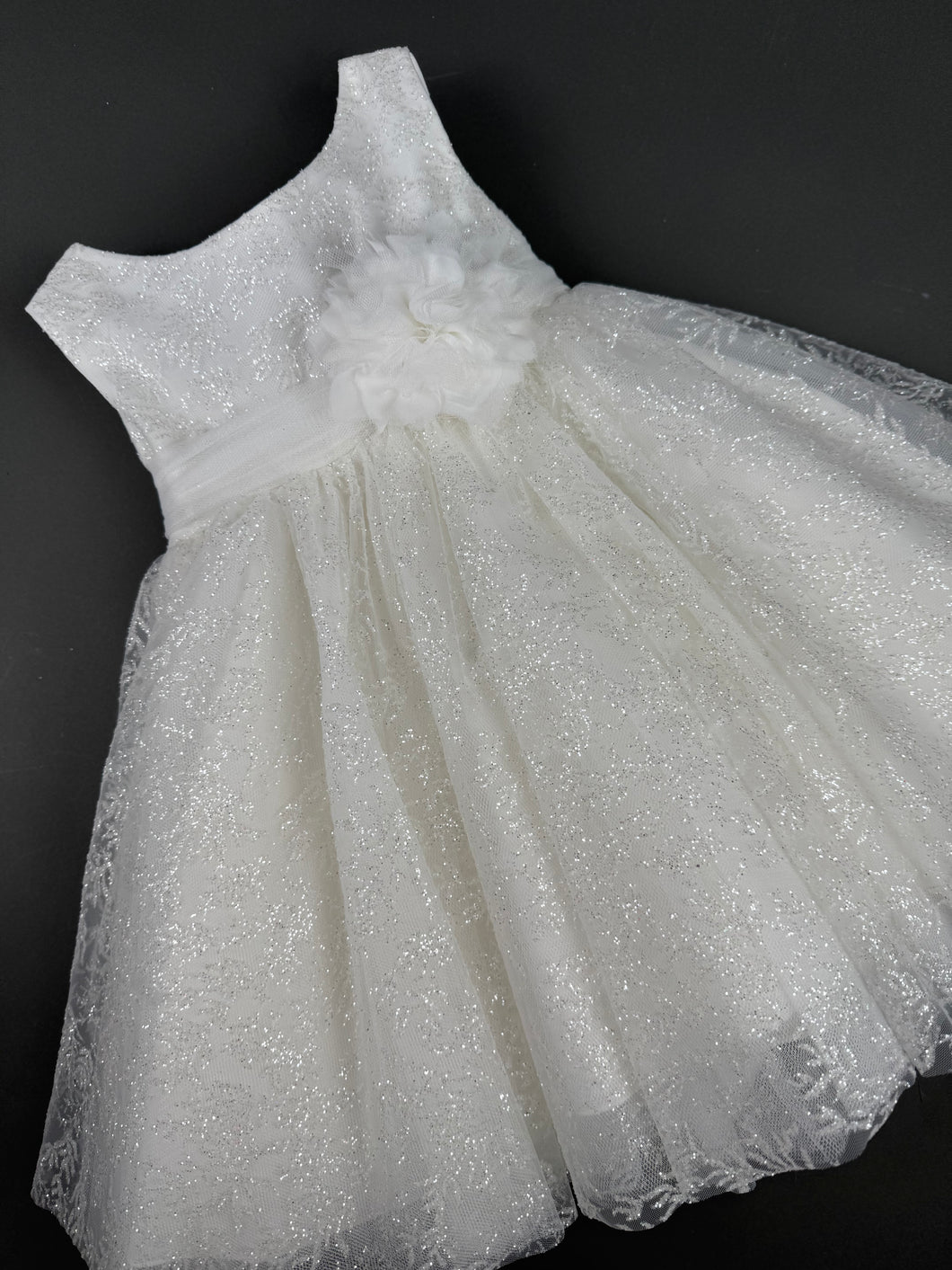 Dress 79 Girls Baptismal Christening Sleeveless Dress with Glitter  French lace, accented with Pearl flowers, matching Bolero and Hat. Made in Greece exclusively for Rosies Collections. 202579