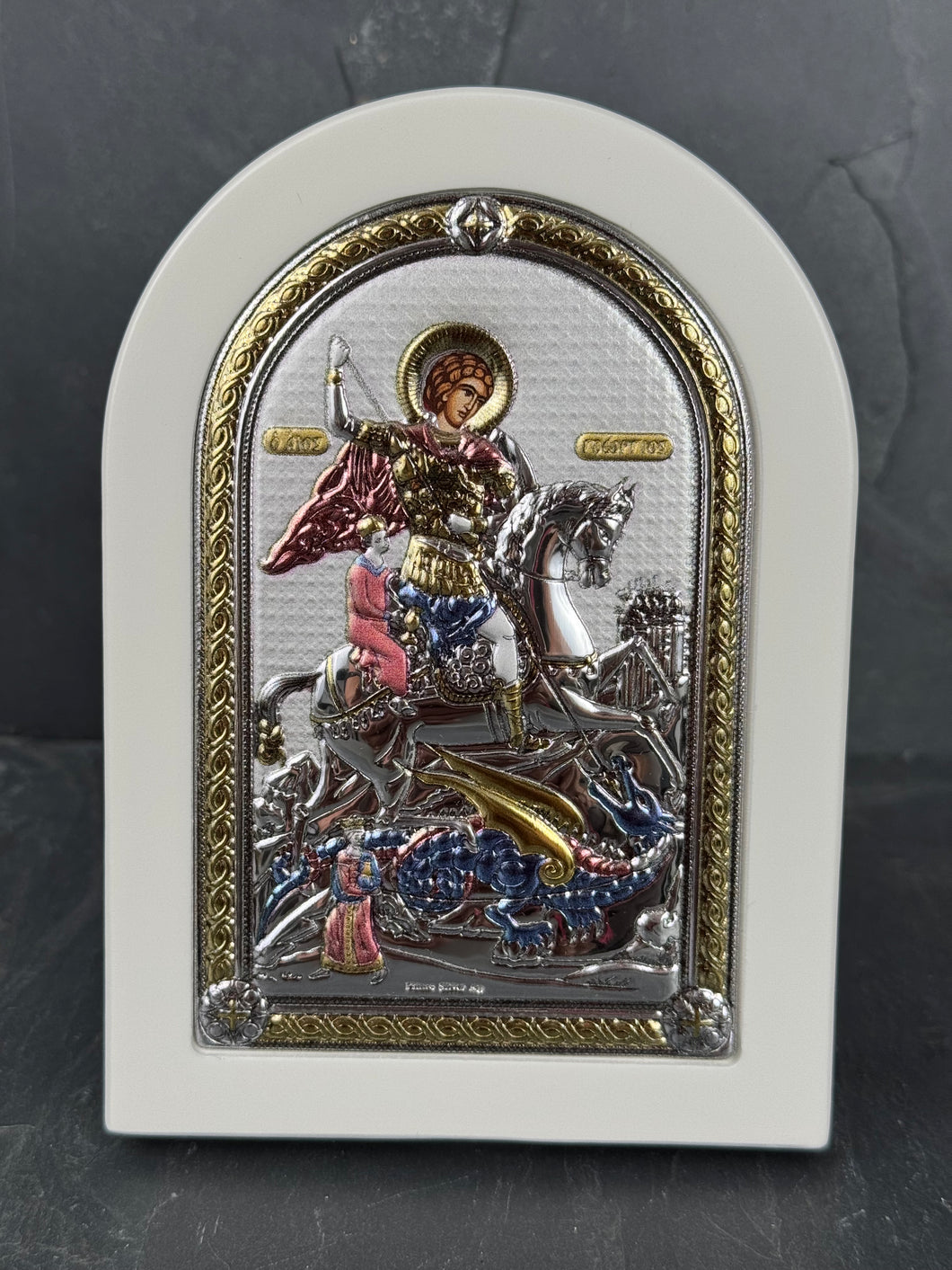 An original copy of Byzantine Agios Georgios made with 925* Silver on White Wood S255