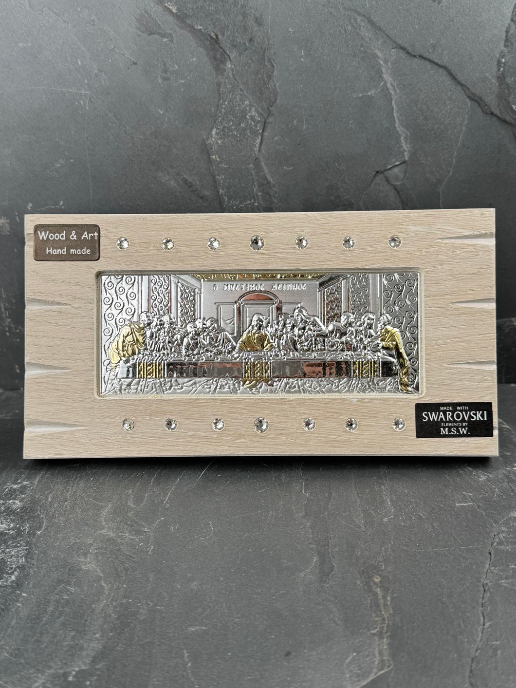 An original copy of Byzantine The Last Supper with Swarovski Elements made with 925* Silver on White Wash Wood S289