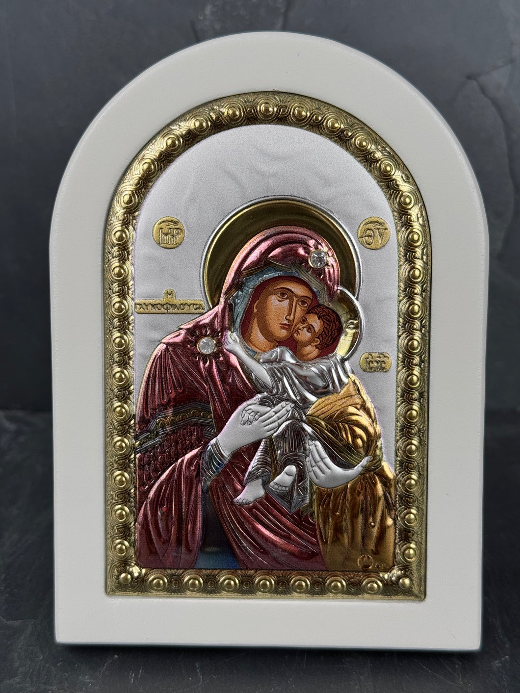 An original copy of Byzantine Panagia Glykofilousa with made with 925* Silver on White Wood S286