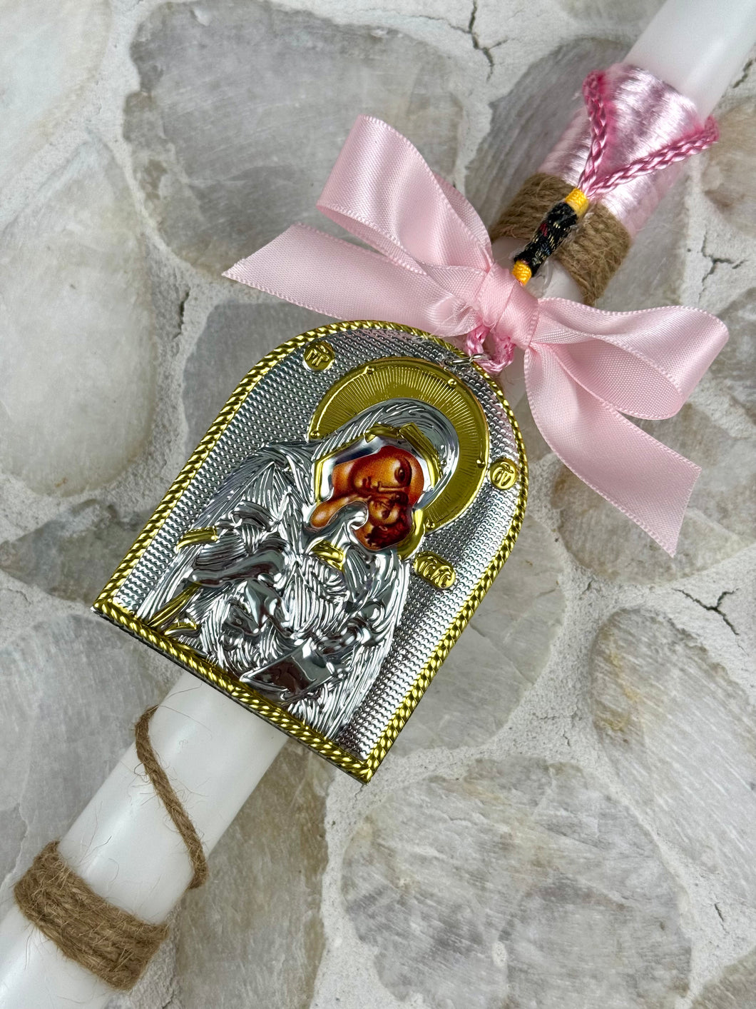 Corded Easter Candle with Hanging Panagia Icon  EC202516