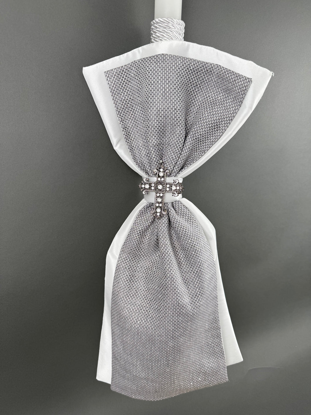 White with Grey Fabrics and Rhinestone Cross Baptism Candle BL20259