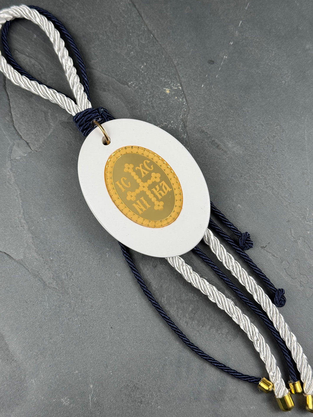 Ceramic Konstantinato Gouri on White with Navy Blue Cord G20253