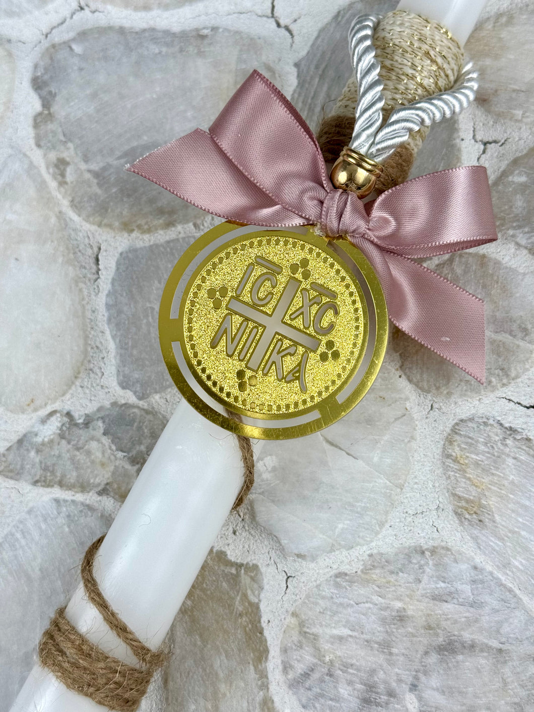 Corded Easter Candle with Hanging Konstantinato  Dusty Rose EC202514