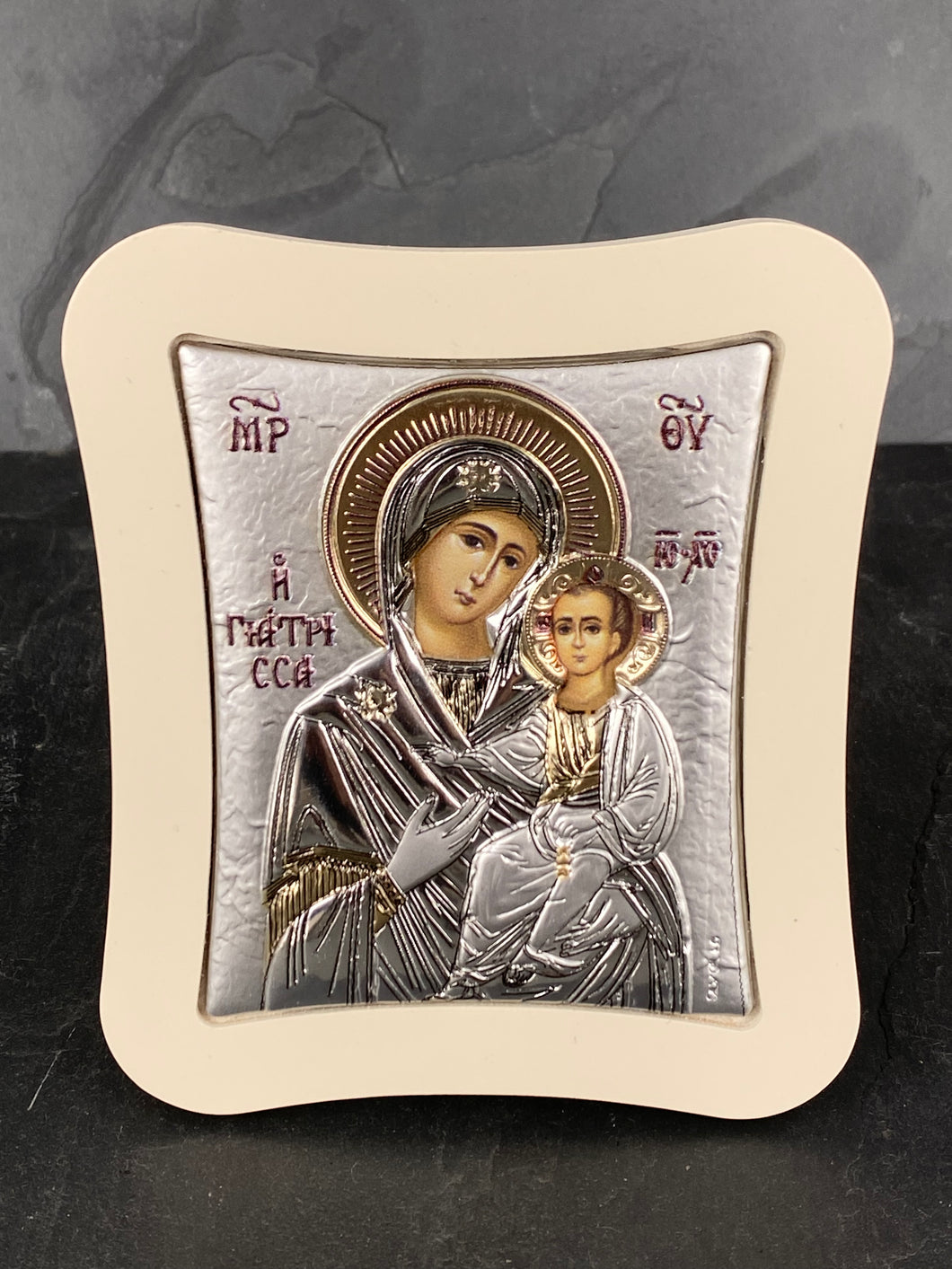 An original copy of Byzantine Holy Icon Giatrissa made with 925* Silver on White Wood SI48