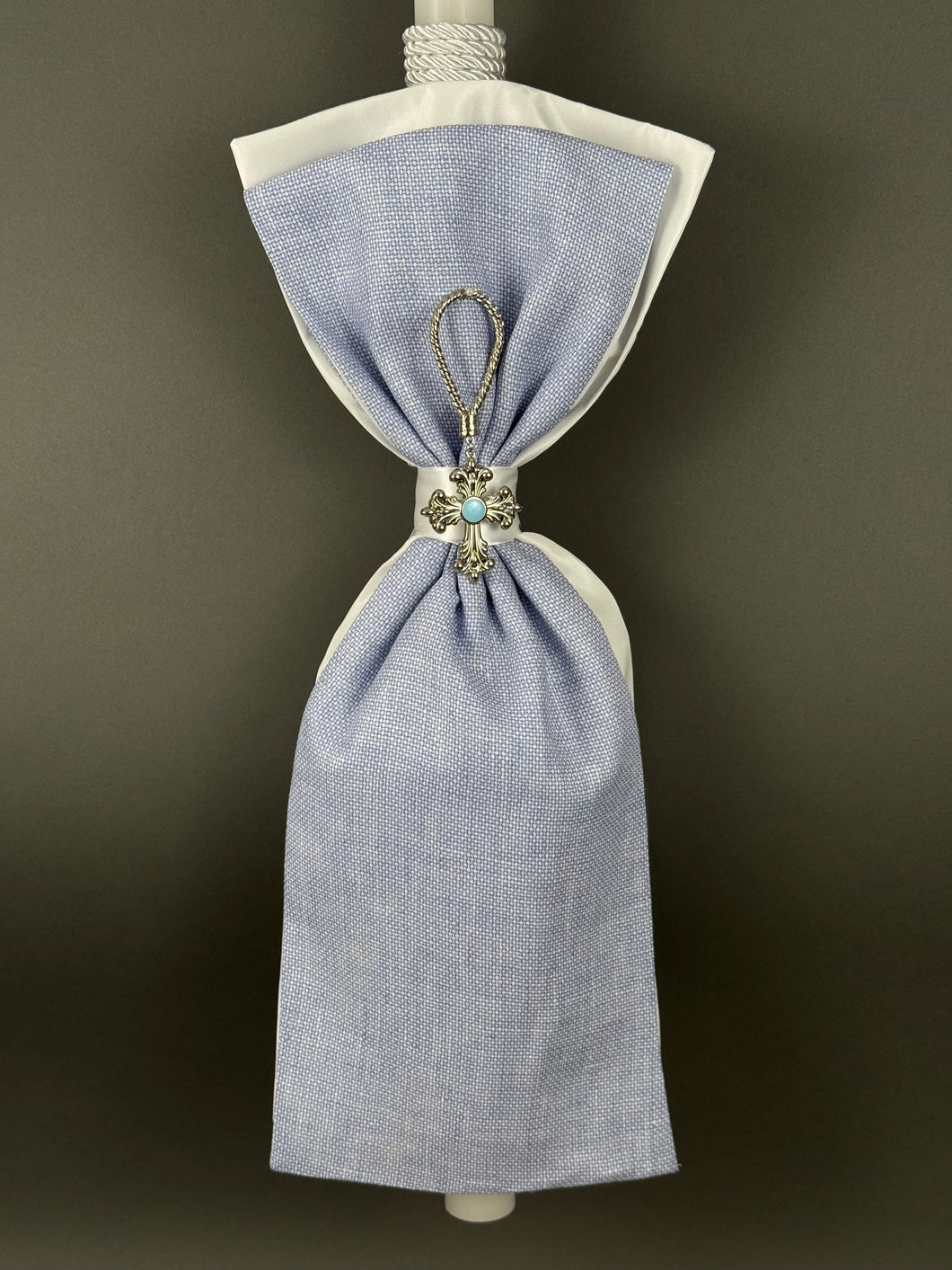 White with Light Blue Fabrics and Silver Cross Gouri Baptism Candle BL202511