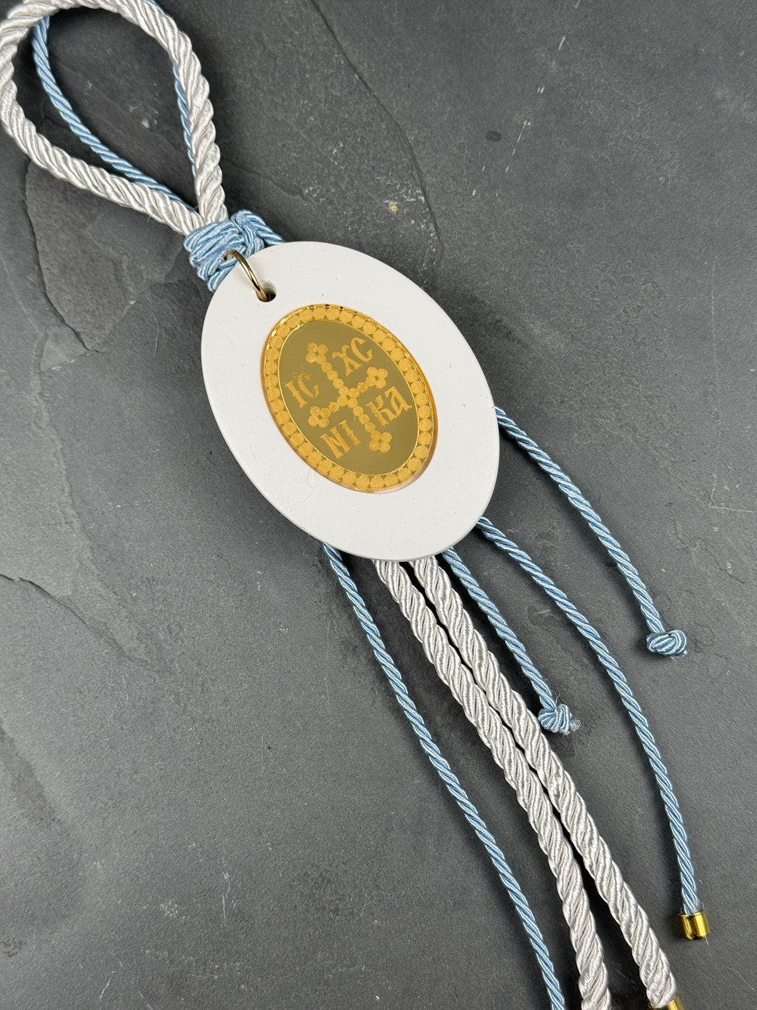 Ceramic Konstantinato Gouri on White with Light Blue Cord G20254