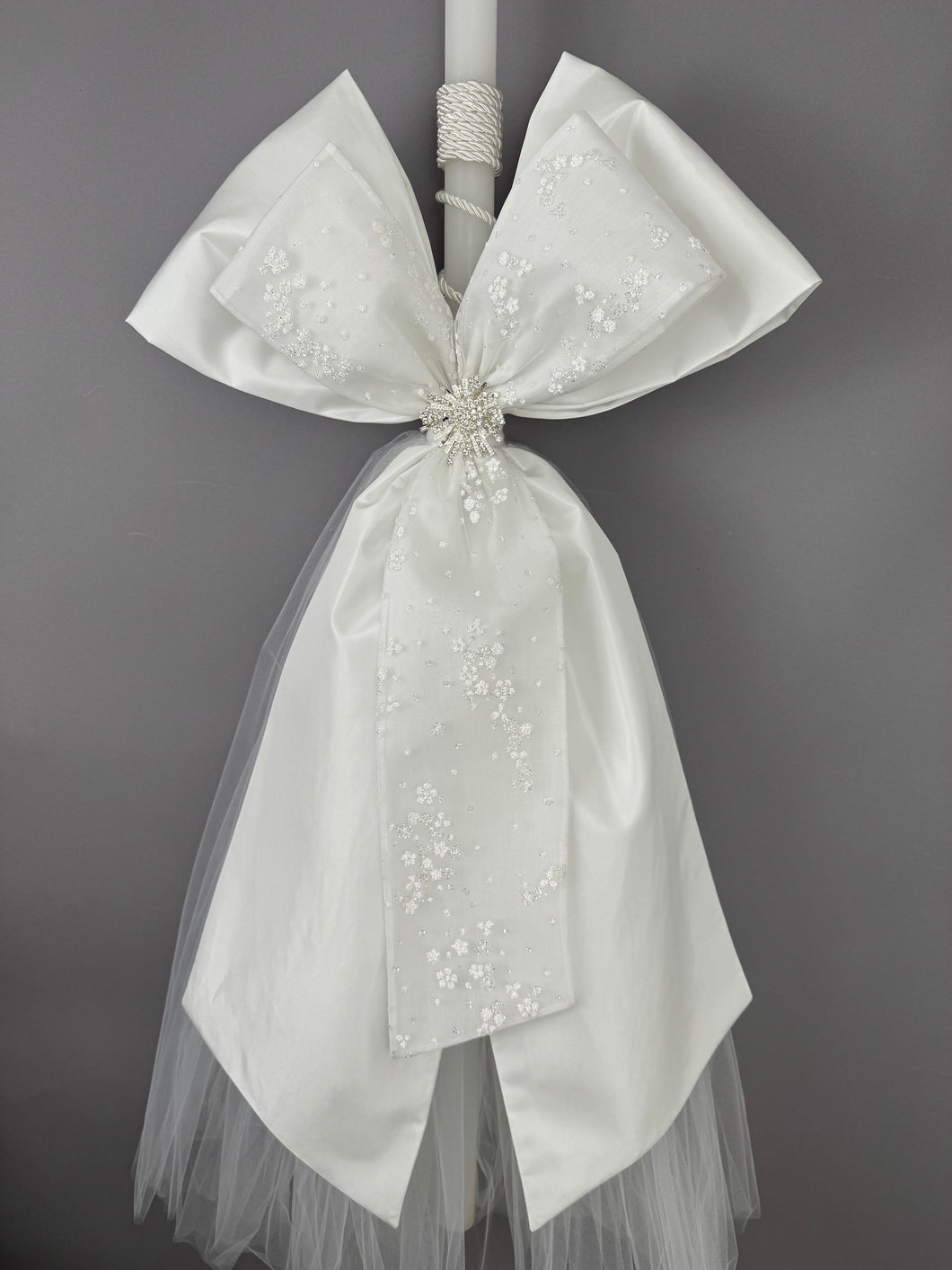 2 Decorated 4 Foot Wedding Candles Double Bow with French Lace, Cord and Tule W70152