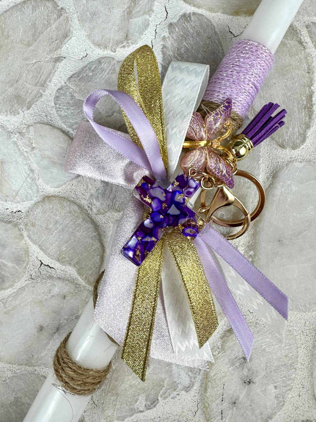 Corded Easter Candle with Marbleized Cross Keychain EC202526