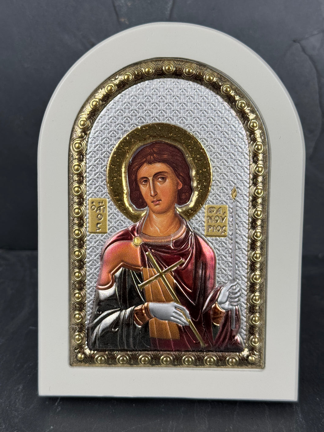 An original copy of Byzantine Agios Fanourios made with 925* Silver on White Wood S253