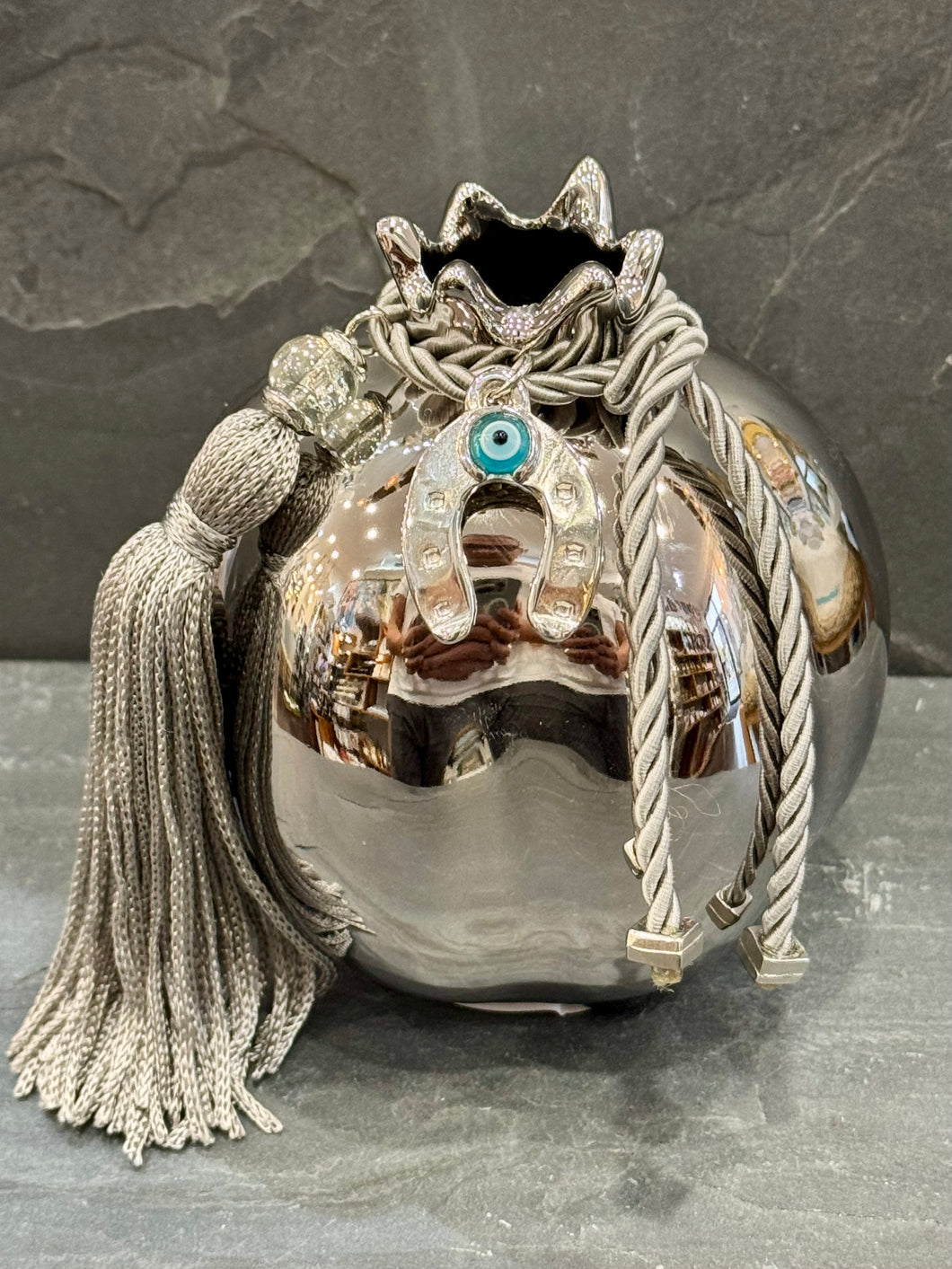 Table Top Ceramic Pomegranate Silver with Silver  Accents P2605