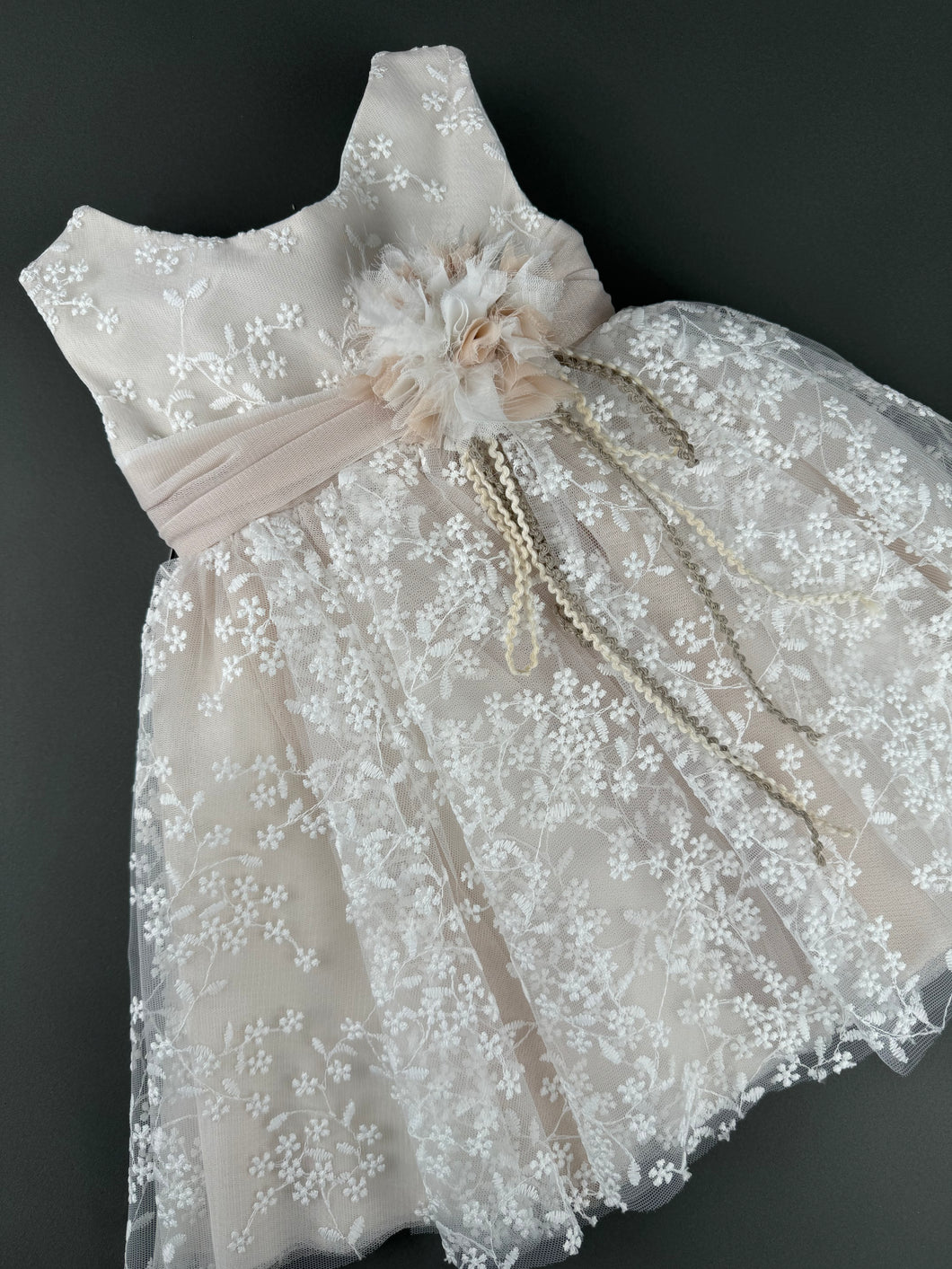 Dress 98 Girls Baptismal Christening Sleeveless Dress with  French lace, accented with Flower, matching Bolero and Hat. Made in Greece exclusively for Rosies Collections. 202598