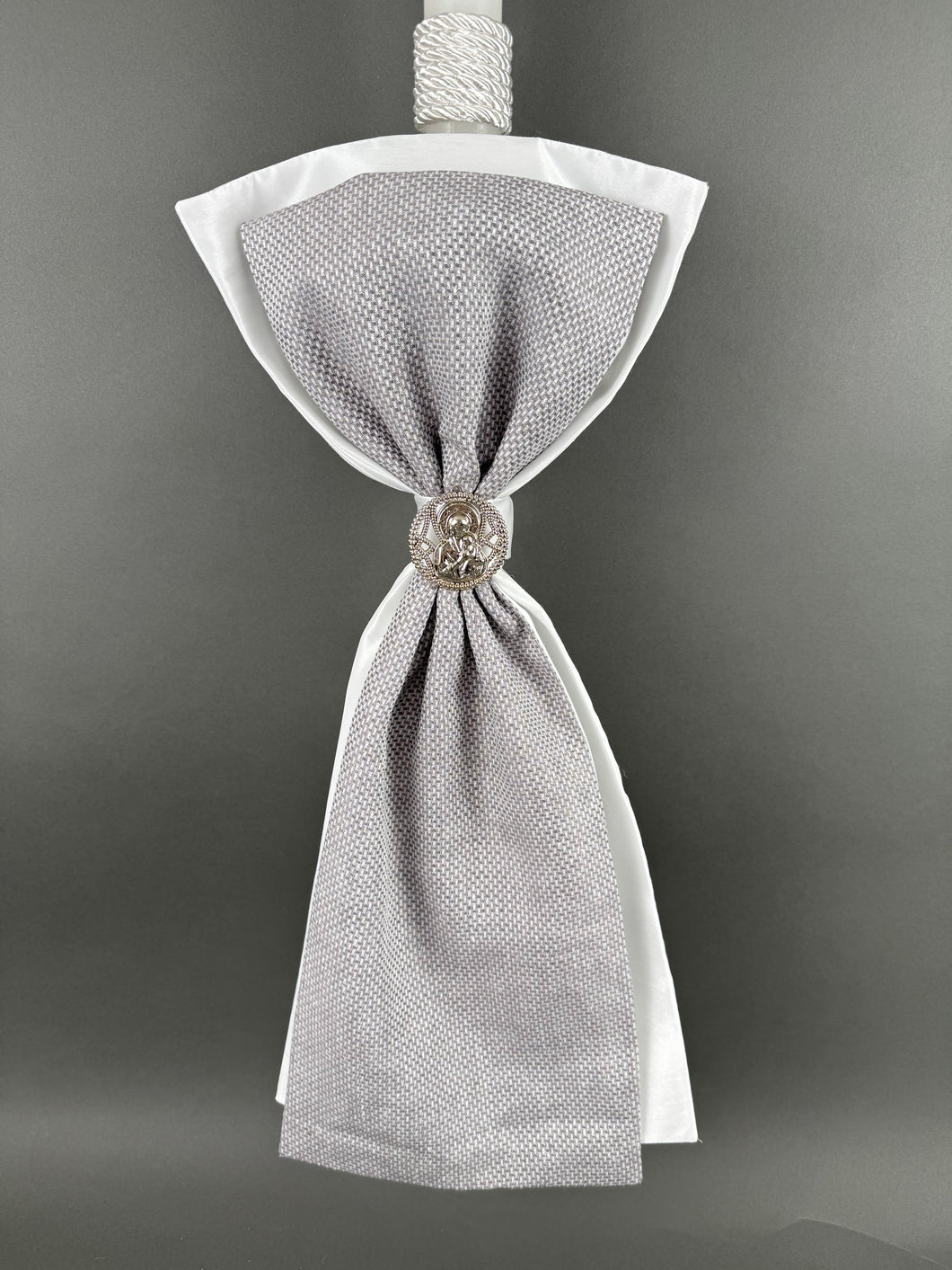 White with Grey Fabrics with Rhinestone Cross Baptism Candle BL20257