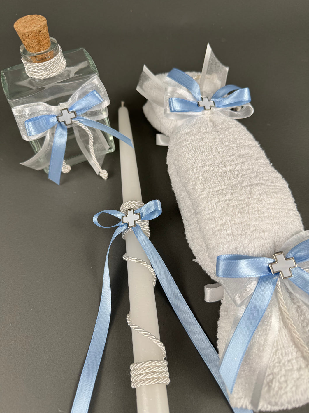 Baby Blue Oil Bottle Set of 3 Candles, Hand Towel with Soap and Oil Bottle OB2025