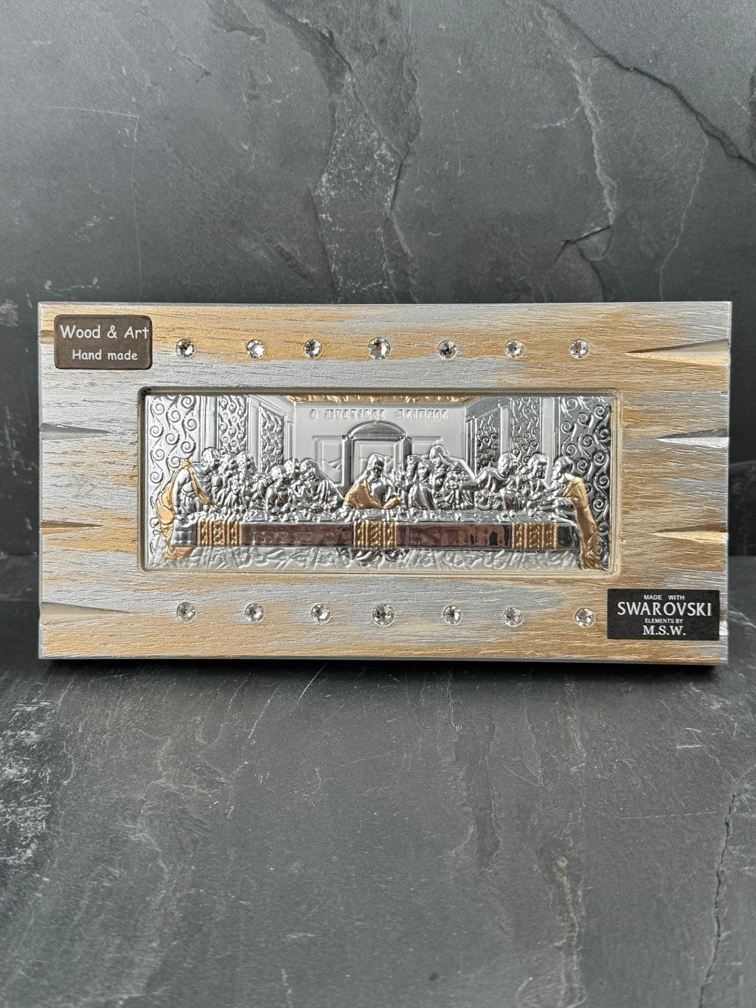 An original copy of Byzantine The Last Supper with Swarovski Elements made with 925* Silver on Gold Silver Wash Wood S290