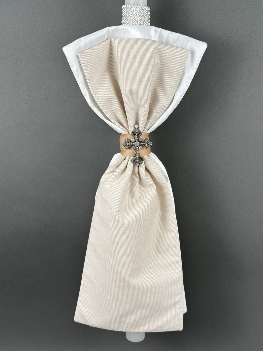White with Tan Pin Strip Fabrics with Rhinestone Cross Baptism Candle BL20254