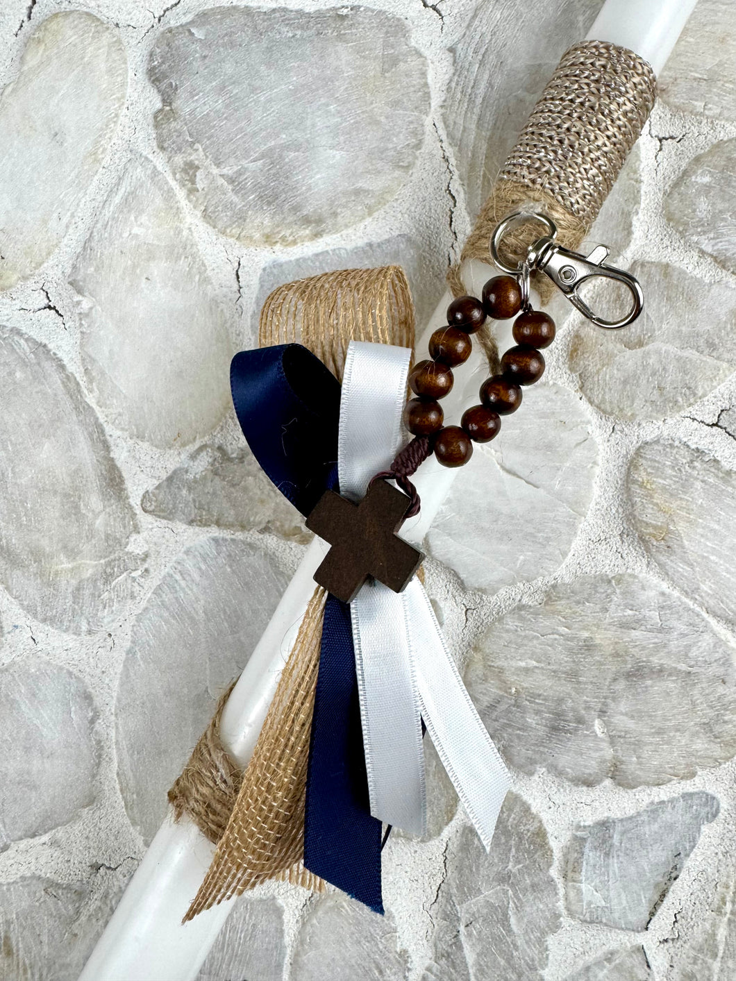 Corded Easter Candle with Wooden Beaded Cross Keychain EC202535