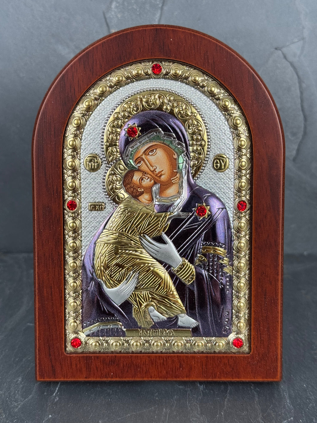 An original copy of Byzantine Panagia Vladimir with Swarovski Elements  made with 925* Silver on Dark Wood S277