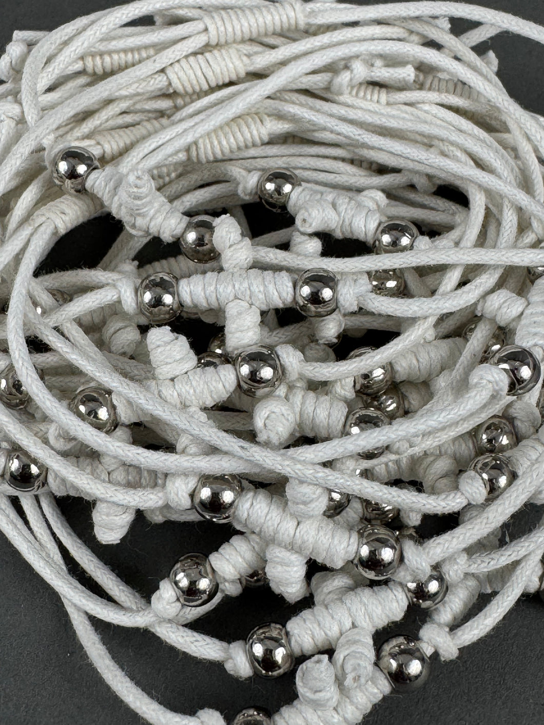 Martirika Bracelets adjustable Koboskini Style White with Silver    Beads (per dozen)