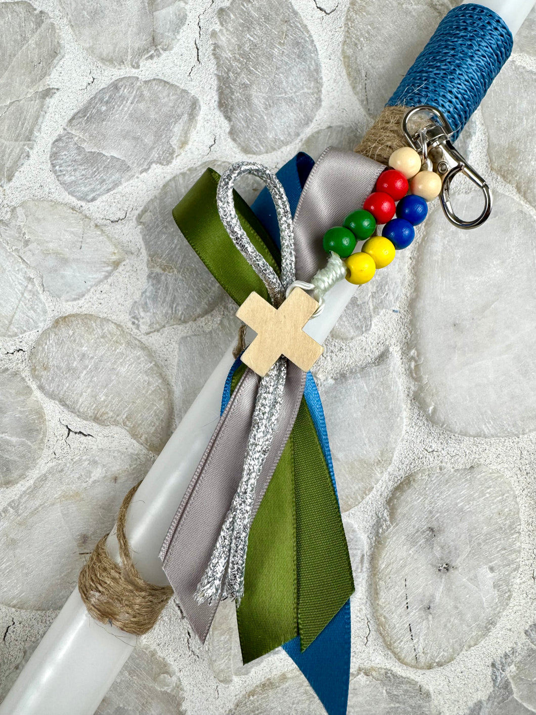 Corded Easter Candle with wooden Beaded Cross Keychain  EC202531