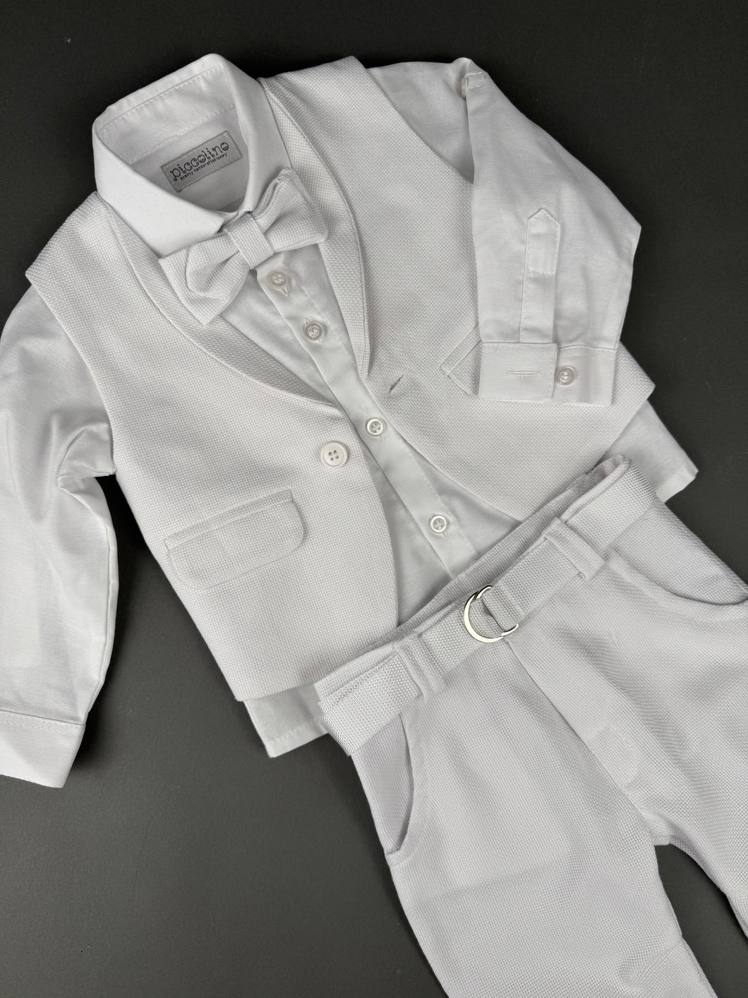 Rosies Collections 7pc All White suit Pants, Vest, Dress Shirt, Bow Tie, Belt, Blazer and Hat, made in Greece exclusively for Rosies Collections S202555