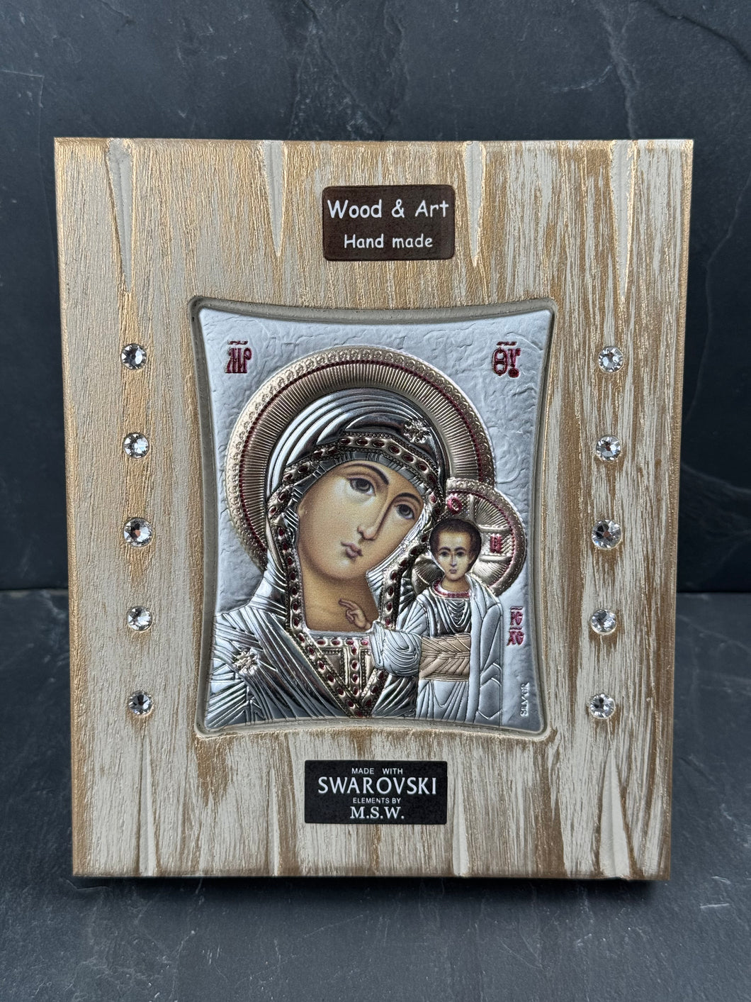 An original copy of Byzantine Panagia with Swarovski Elements made with 925* Silver on Gold wash Wood S296