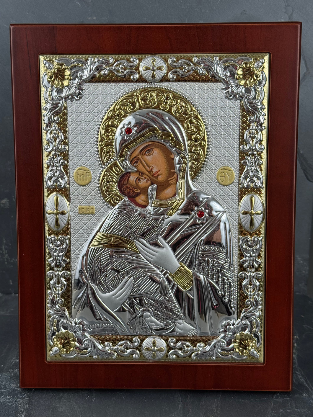 An original copy of Byzantine PanagiaVladimir with Swarovski Elements  with made with 925* Silver on Dark Wood S284