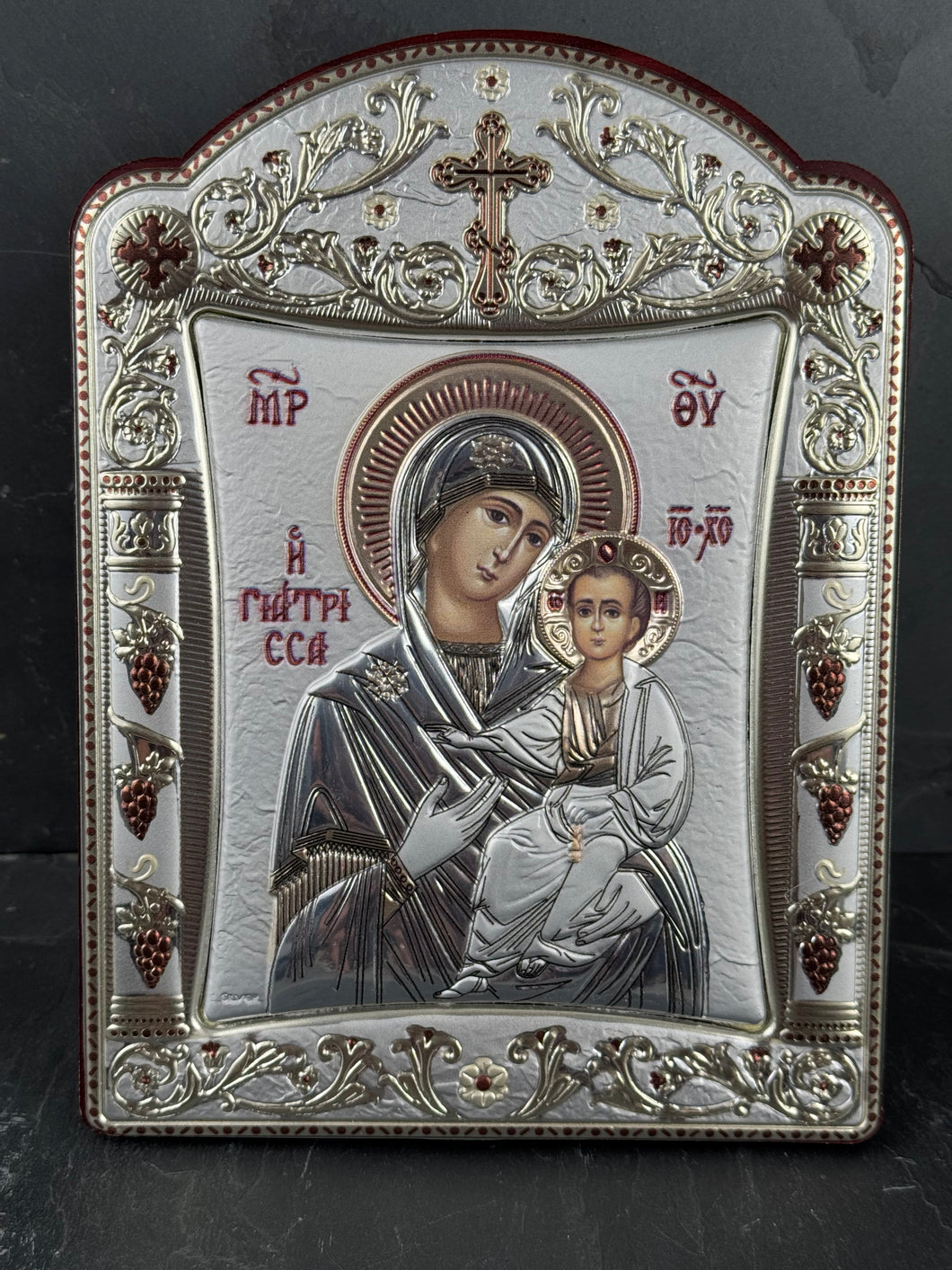 An original copy of Byzantine Panagia Yiatrissa with made with 925* Silver on Dark Wood S281